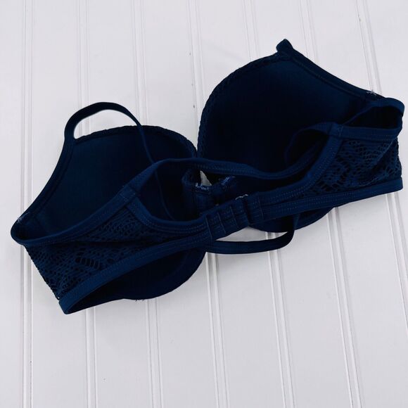Aerie Swimwear Women Navy Lace Overlay Halter Bikini Top Size 32D Padded - Picture 2 of 7